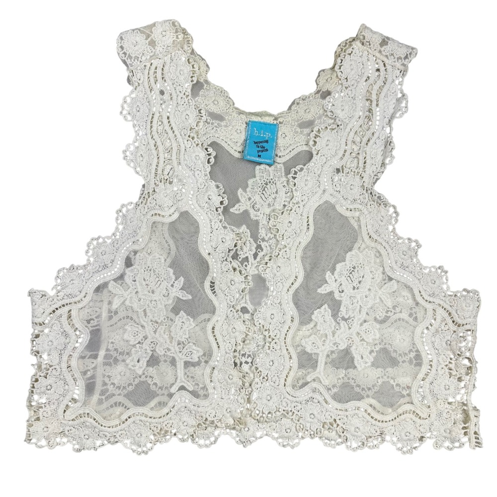 H.I.P. Womens Cream Floral Lace Mesh Open Front Vest Romantic Y2K 90s Ethereal M